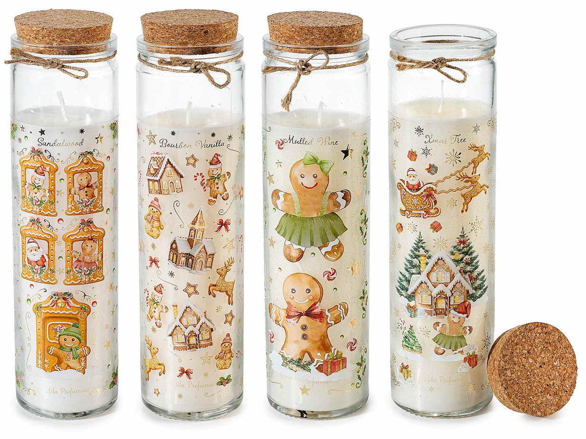 Candele natalizie profumate in barattolo di vetro con tappo sughero, decori, set da 4 pezzi, Ø 6 cm x 21,5 H