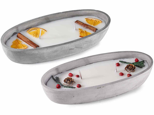 Set di 2 candele profumate a vaso con decori naturali e doppia fiamma, 22x8x4,5 cm – Natale
