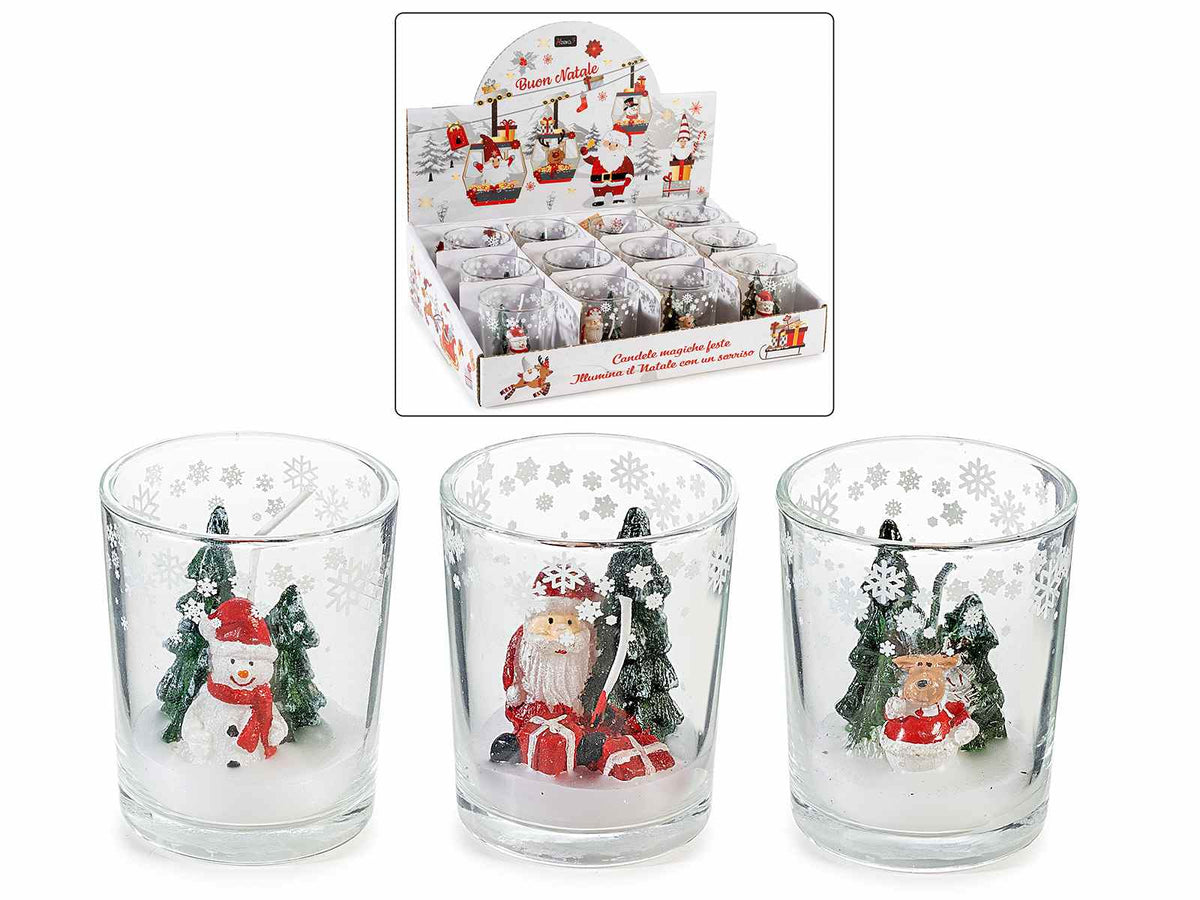 Candele a Babbo Natale / renna / pupazzo di neve in vasetto di vetro decorato, set da 12 pezzi, Ø 5,5 x 6,5 H