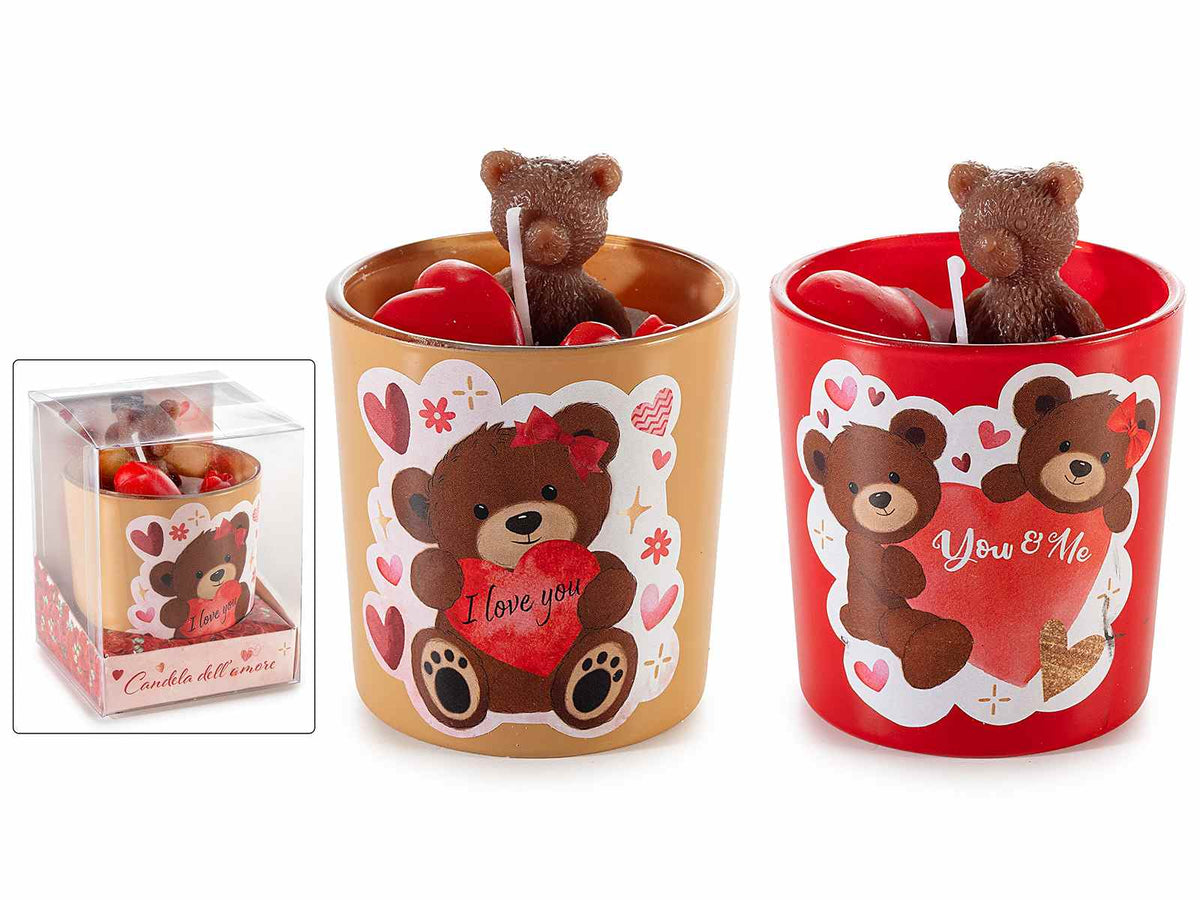 Candele in vasetto di vetro con decori orsetto e cuori in 3D, set da 4 pezzi, Ø 7 cm x 9 H
