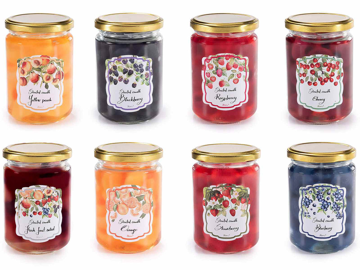 Candele profumate in gel ad effetto vasetto vetro di marmellata di frutta, set da 8 pezzi, Ø 6,5 cm x 11 H