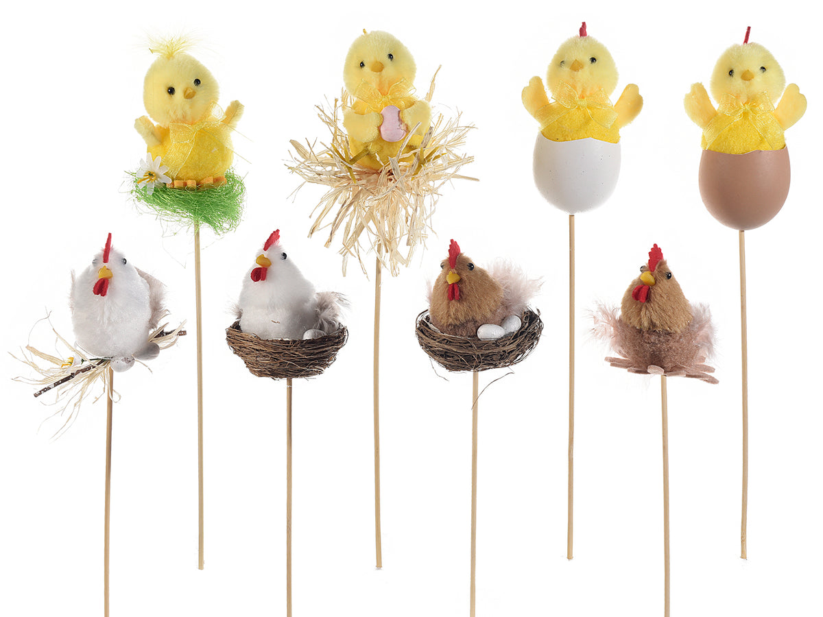 Personaggi di Pasqua su stick in legno a gallina e pulcino ideali per packaging, set da 16 pezzi, cm 10 H (con stick 31)