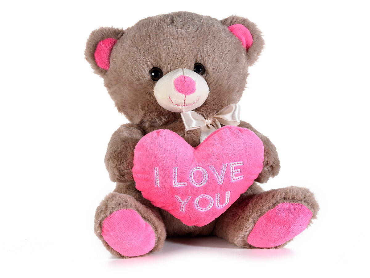 Orsetto di peluche seduto con fiocco e cuore rosa imbottito con scritta I Love, set da 2 pezzi, cm 23 x 17 x 25 H (seduto)