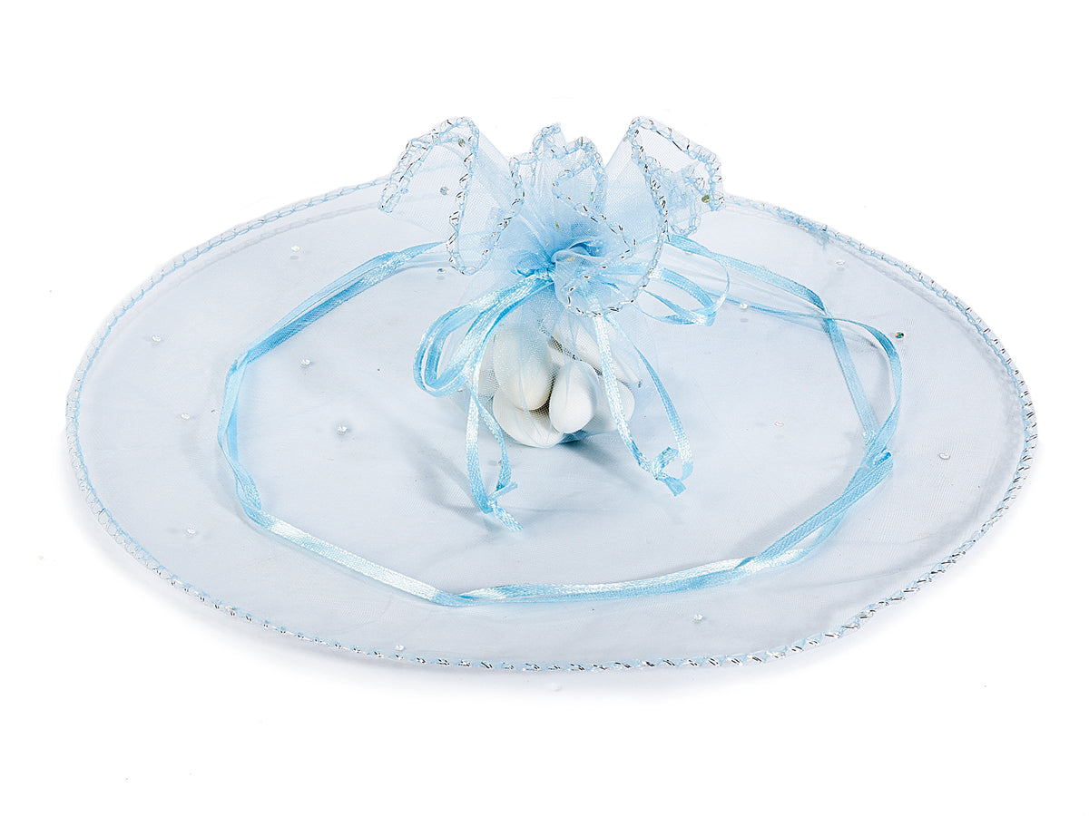 Tulle tondo per bomboniera in organza azzurra con tirante e bordo, set da 50 pezzi, Ø 25 cm - Interno: Ø 16