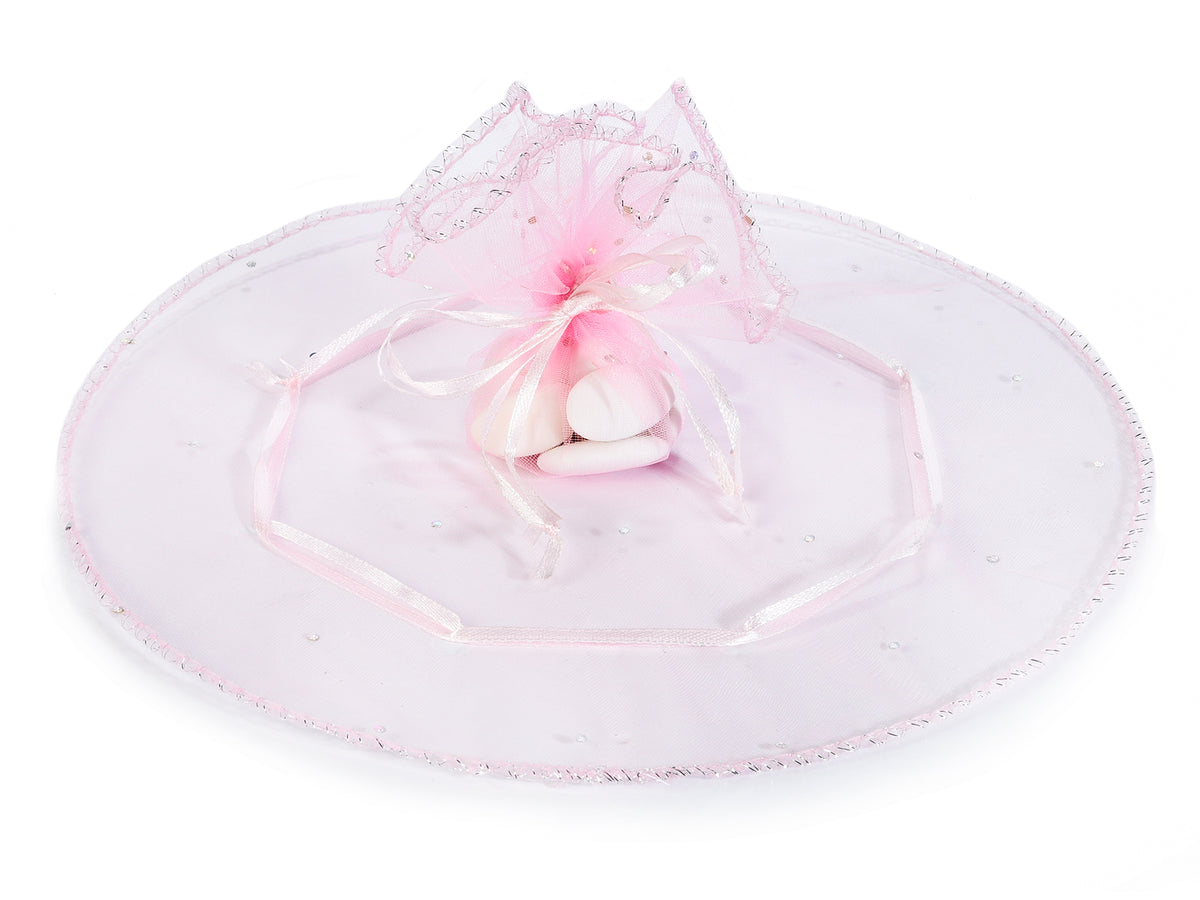 Tulle tondo per bomboniere in organza rosa con tirante e bordo brillantini, set da 50 pezzi, Ø 25 cm - Interno: Ø 16