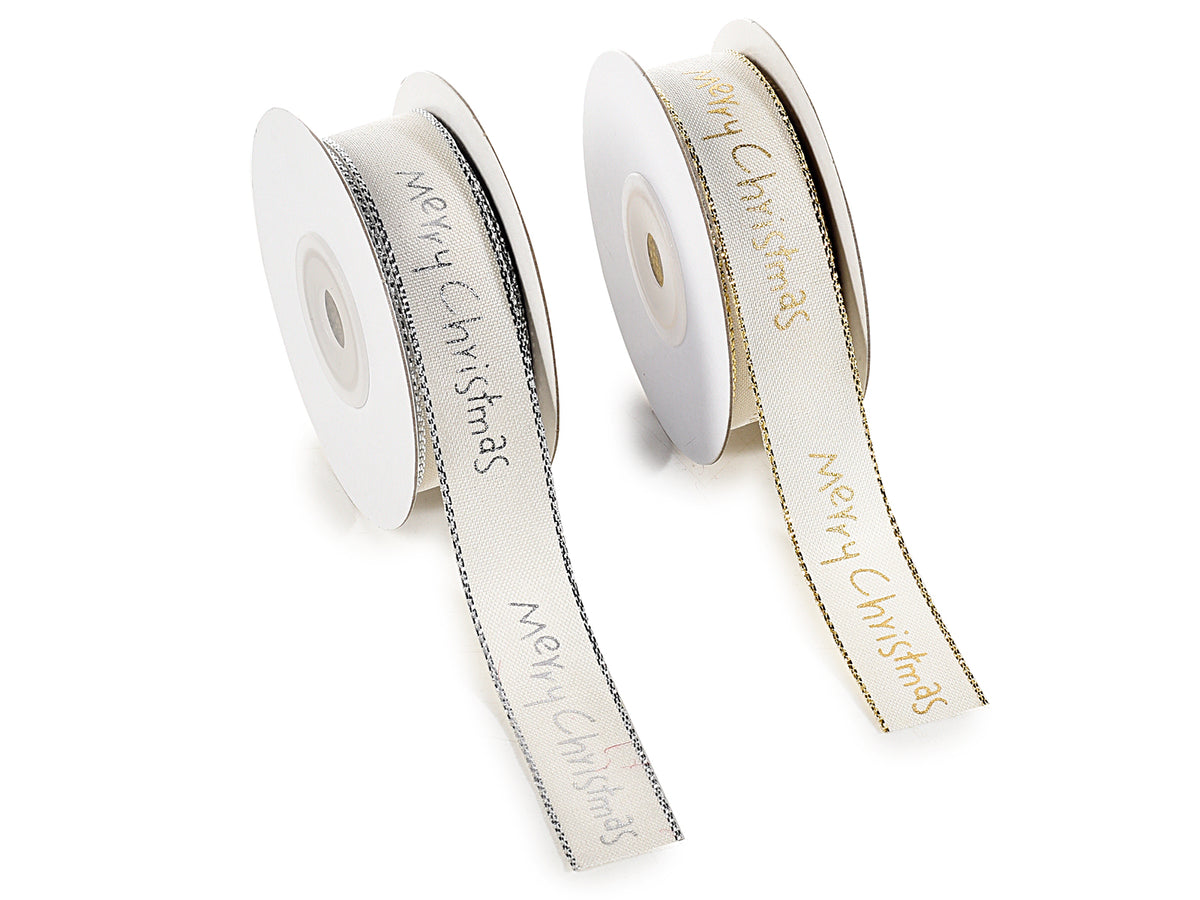 Nastri in tessuto con scritta Merry Christmas e bordo brillante, set da 4 pezzi, mm 20 x 10 m