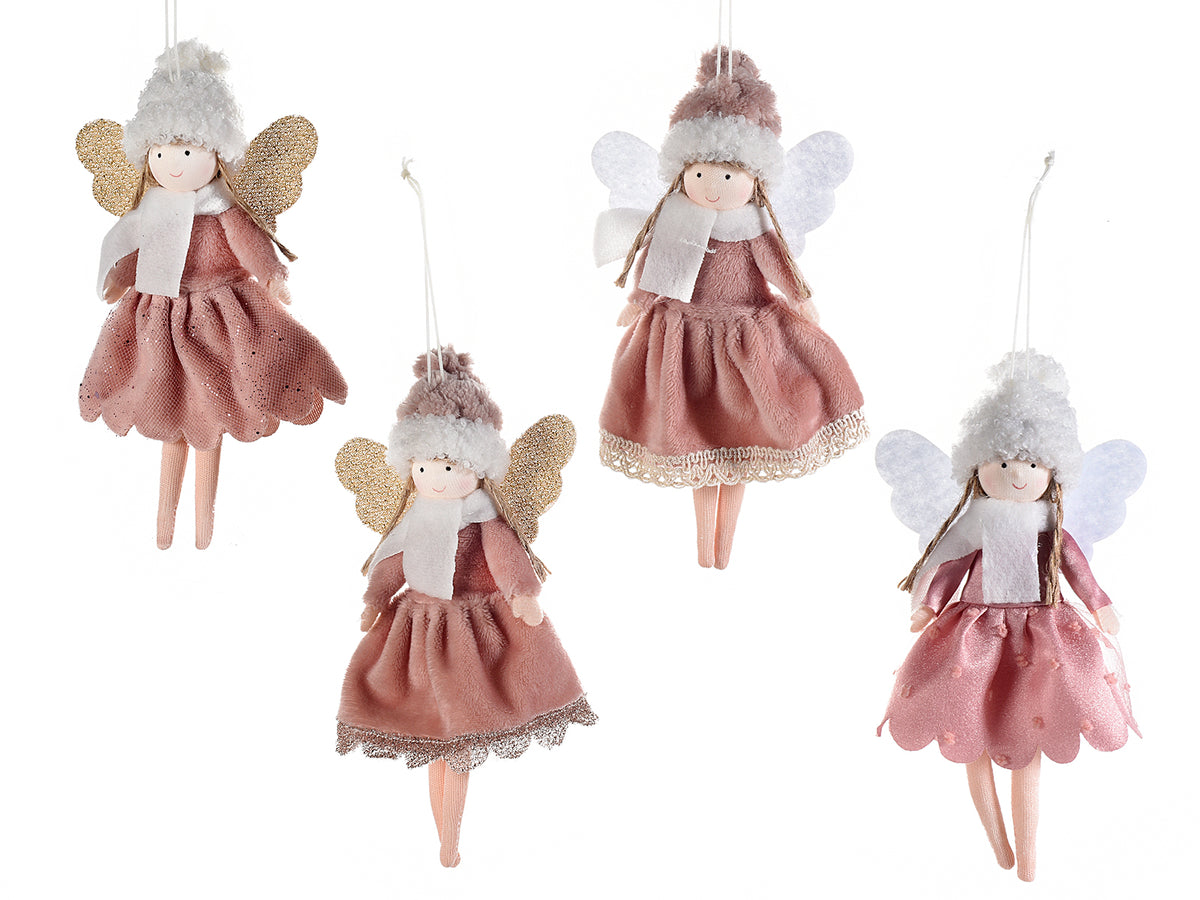 Angeli in tessuto con vestito rosa in stoffa, ali glitterate e cappellino, set da 8 pezzi, cm 10 x 18 H