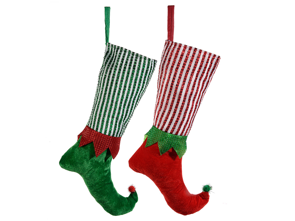 Calze natalizie / porta doni di Natale a forma di scarpe da elfo, realizzate, set da 8 pezzi, cm 28 x 45 H