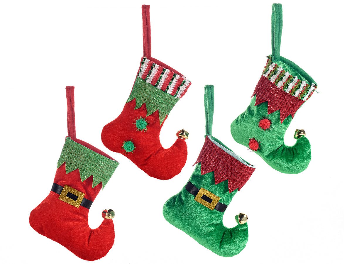 Calze natalizie portadoni a forma di scarpe da elfo / giullare, realizzate, set da 16 pezzi, cm 14 x 17,5 H
