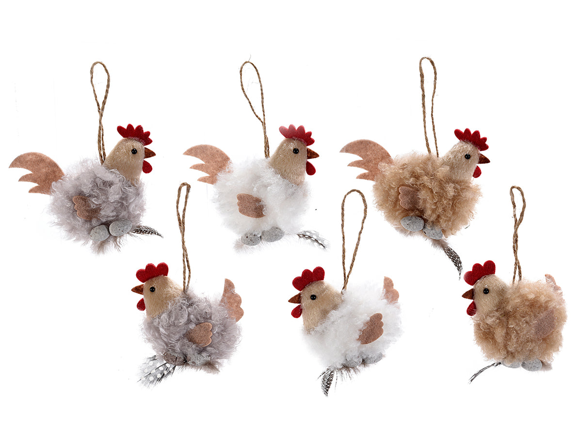 Galline decorative pasquali in eco-fur con morbide piume artificiali, set da 12 pezzi, cm 10,5 x 8,5 H
