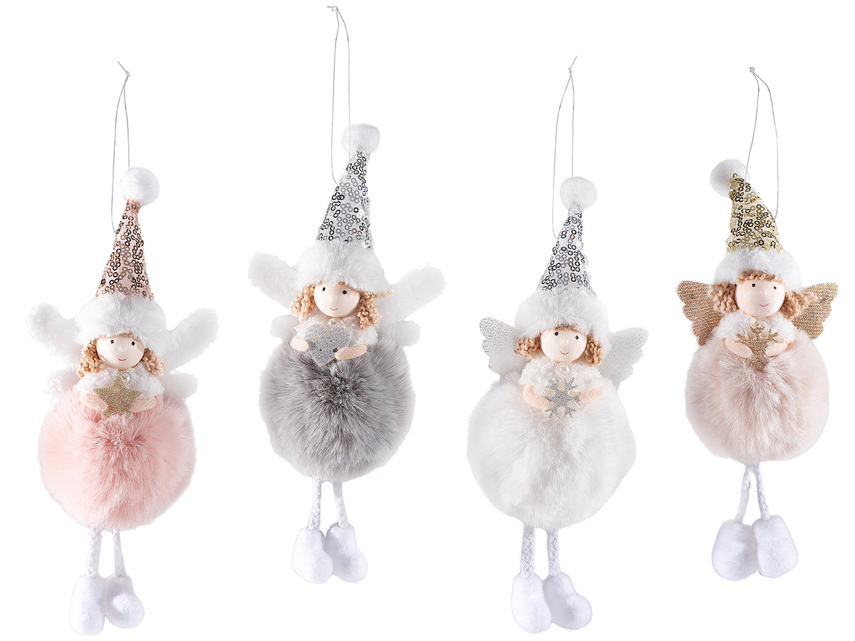 Angeli pompon da appendere con gambe lunghe, abito in morbida finta pelliccia, set da 4 pezzi, cm 10x6x24 H (capp.esteso)
