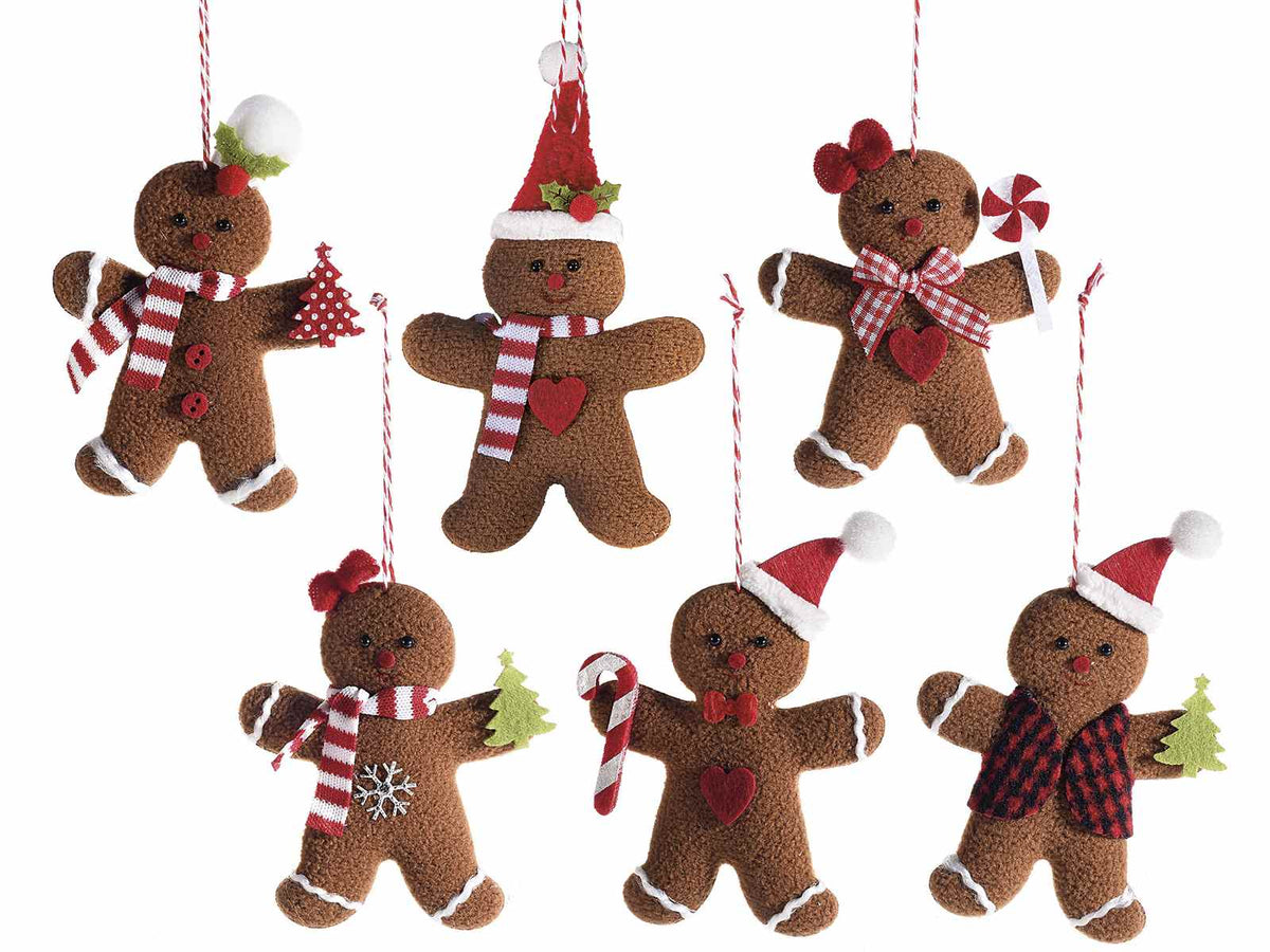 Addobbo albero di Natale ad omino pan di zenzero in panno con cappellino, set da 18 pezzi, cm 7 x 11 H