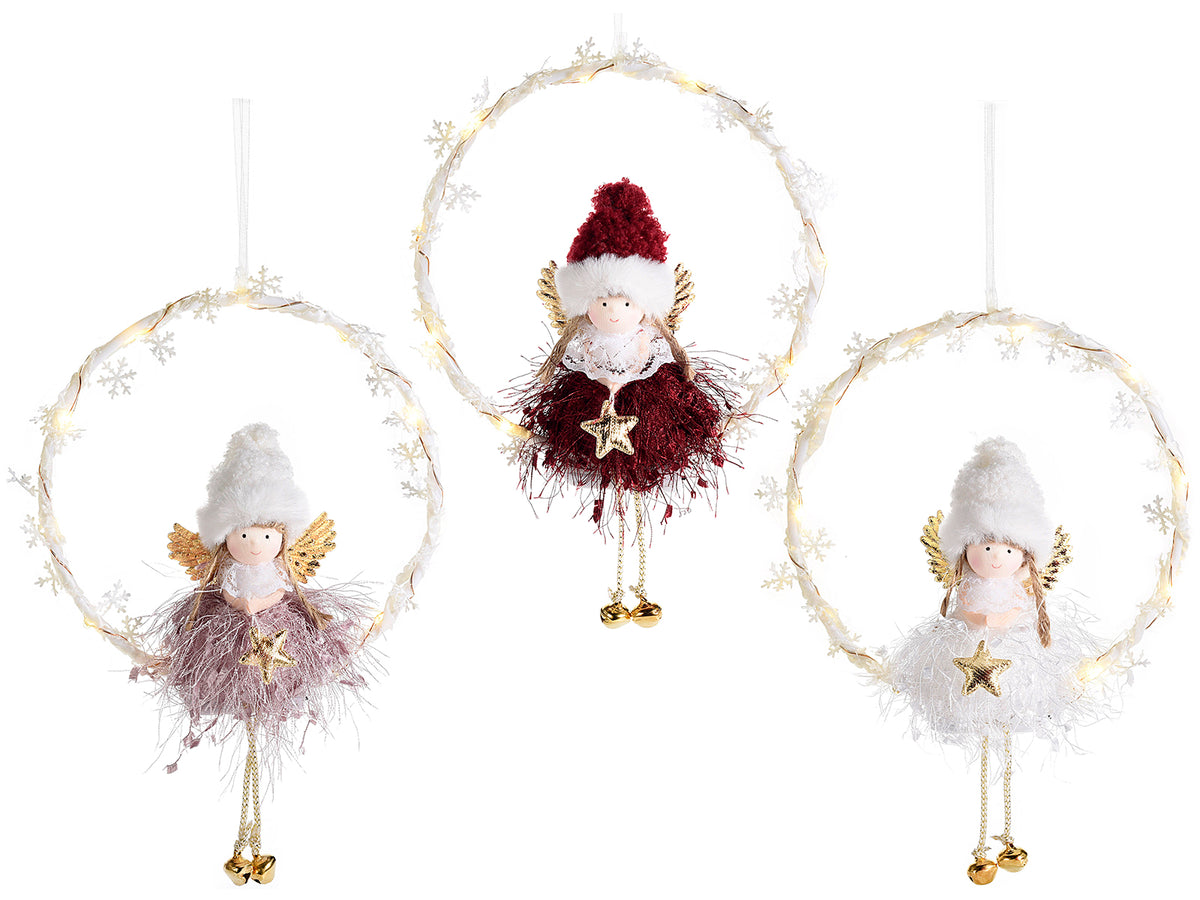 Coroncine / ghirlande natalizie con luci led da appendere con angioletto gambelunghe con campanelline, decoro a stellina e ali dorate, set da 6 pezzi,