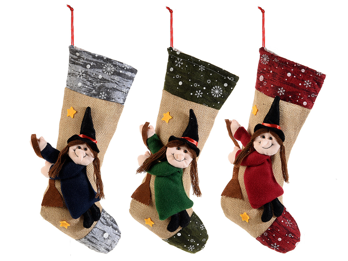 Calze della Befana in panno e juta da appendere con decori in rilievo, set da 6 pezzi, cm 20 x 37 H