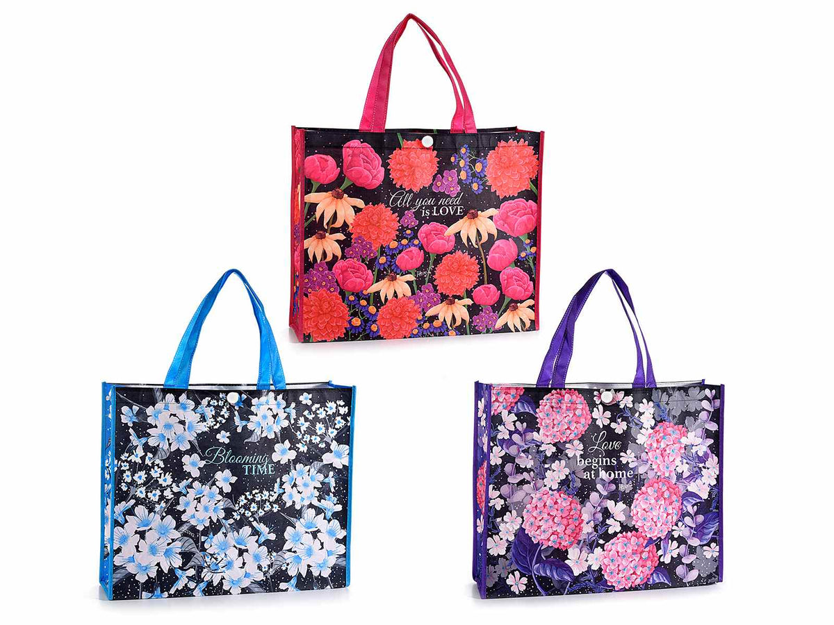 Borse spesa riutilizzabili in poliestere rigido con stampa fiori, set da 12 pezzi, cm45x12x36H (con manici 55)