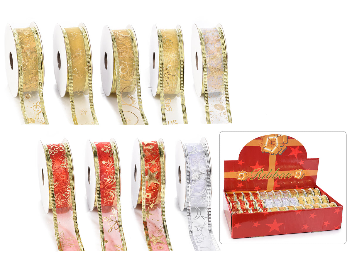Nastri natalizi decorativi per packaging Natale con bordo modellabile, mm 25 x 2,7 m