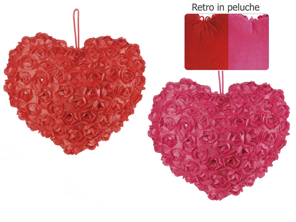 Cuscini a forma di cuore rosso e fucsia con roselline in stoffa, paillettes, set da 2 pezzi, cm 29 x 26 H