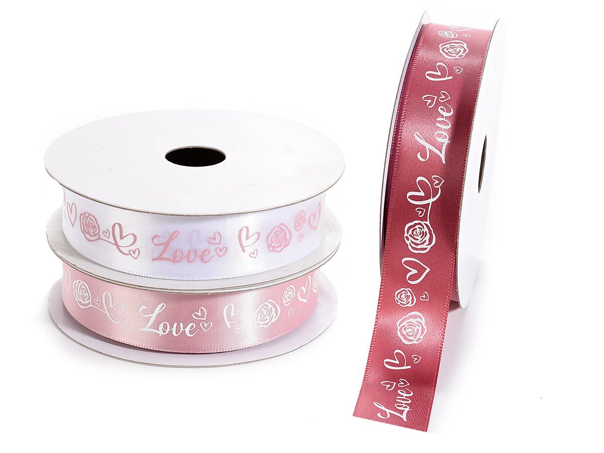 Nastri in raso San valentino con decori cuori e rose e scritte Love, set da 6 pezzi, mm 22 x 10 mt