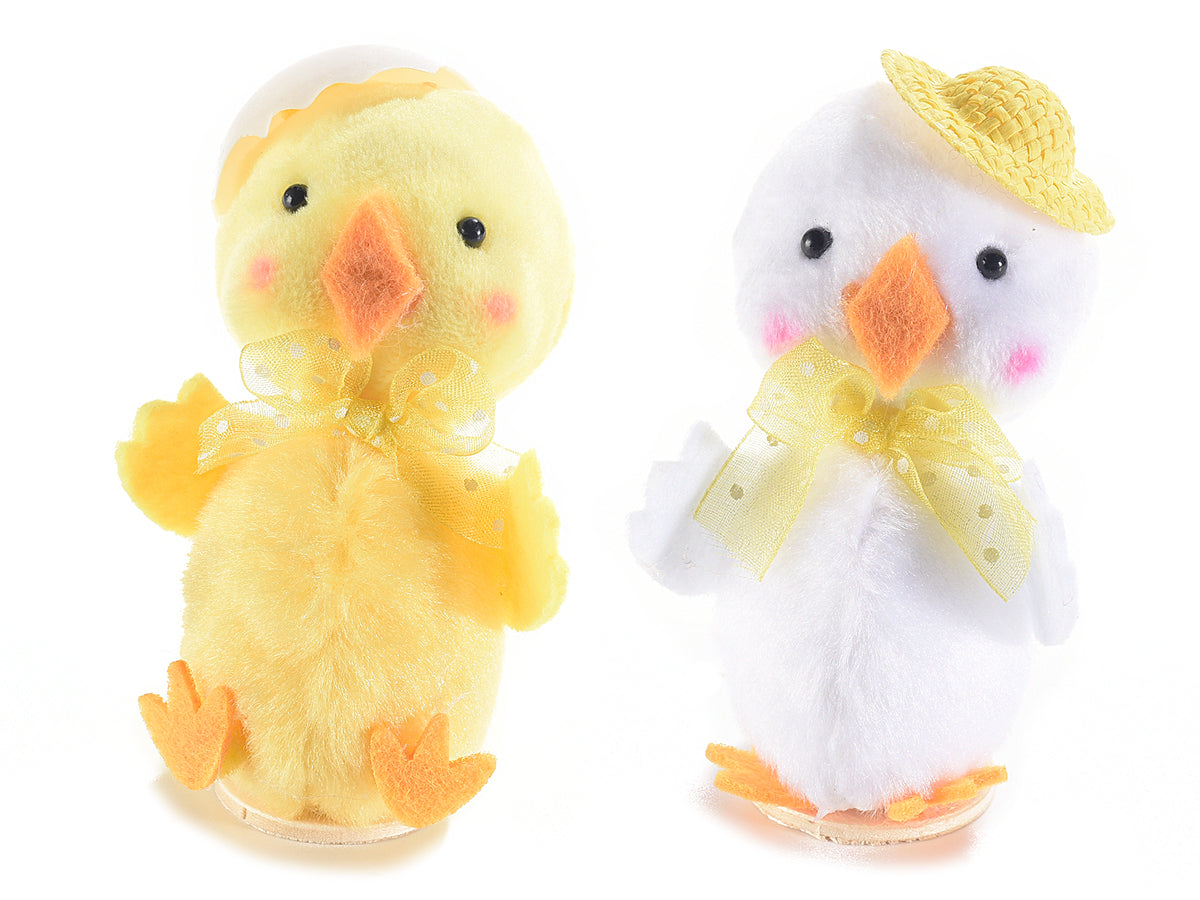 Pulcini pasquali decorativi con cappello e nastrino in organza da appoggiare, set da 8 pezzi, cm 4,5 x 5,5 x 9 H