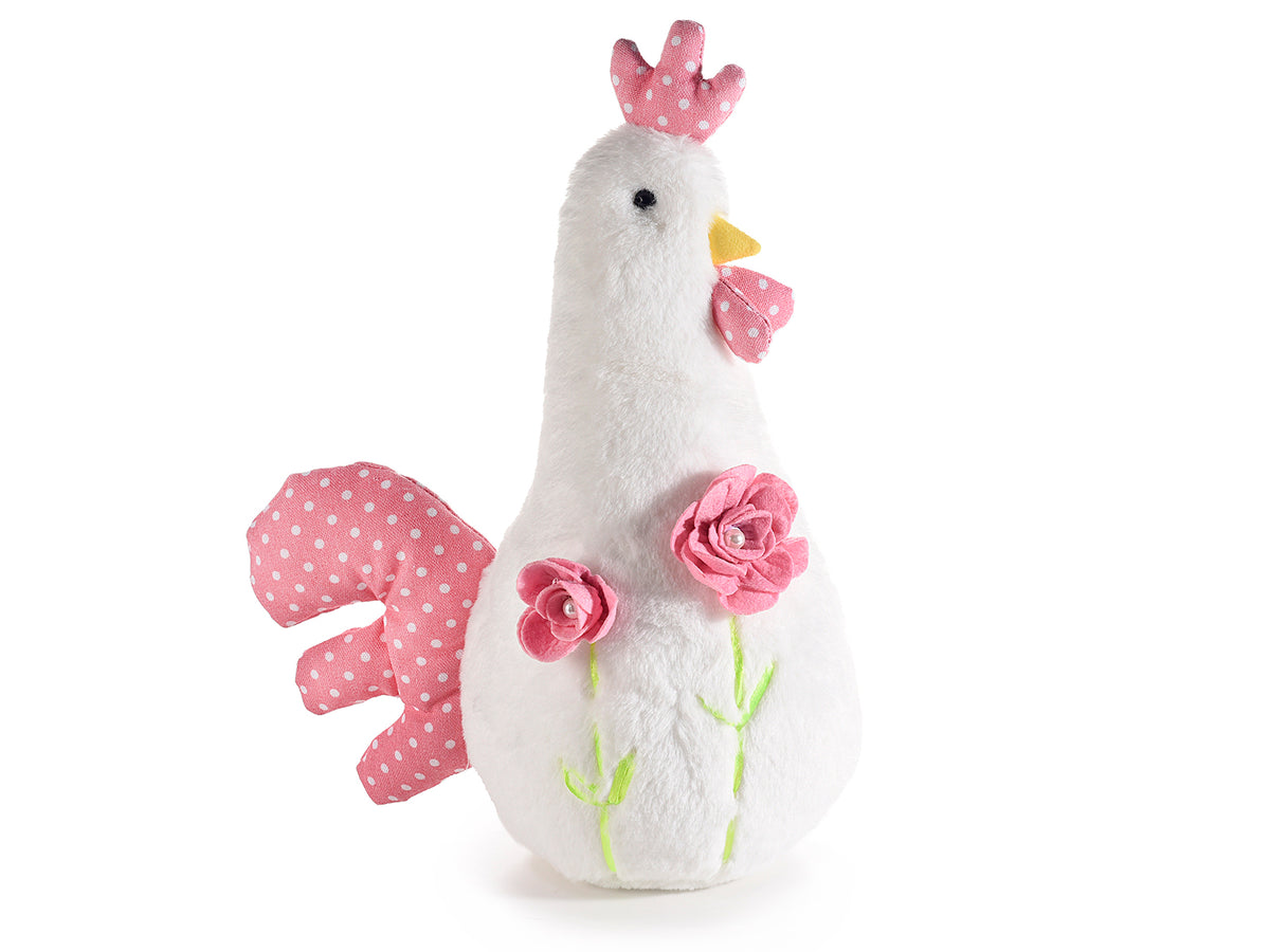 Gallinelle pasquali in finto pelo con coda e cresta a pois e rose applicate, set da 3 pezzi, cm 25 x 14 x 34 H