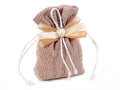 Sacchetti in stoffa froissè colore nocciola con fiocchetti, cuoricino, set da 25 pezzi, cm 10x3x12 H(al tirante7)