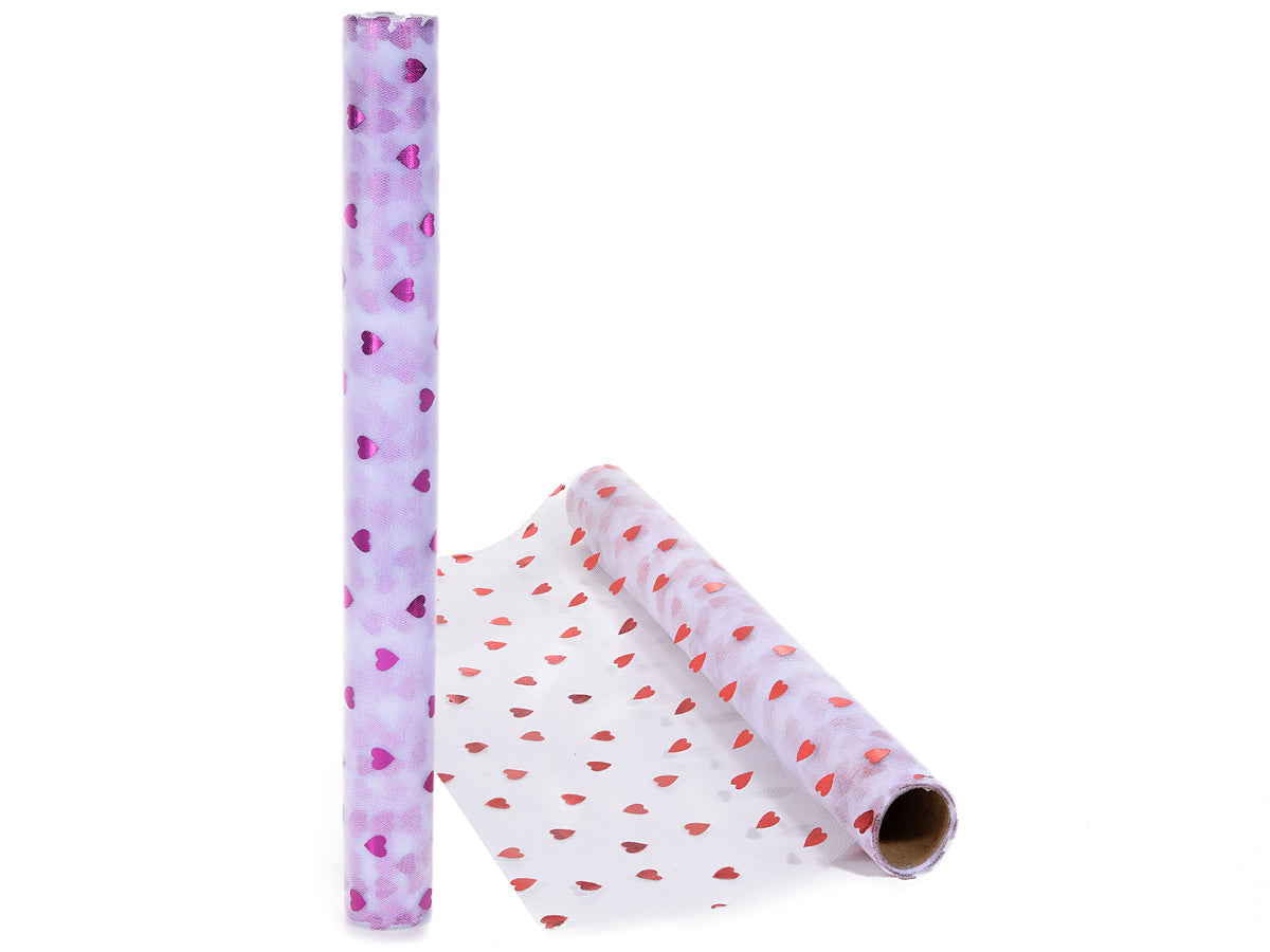 Rotoli per San Valentino in tulle bianchi con cuoricini colorati metallizzati, set da 4 pezzi, cm 45 x 4,5 mt