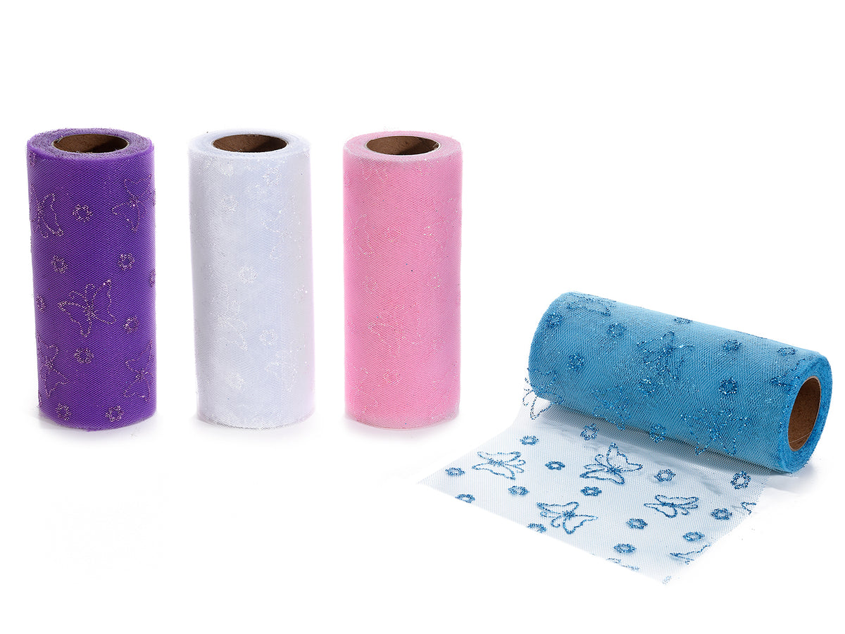 Rotoli di tulle colorati con farfalle glitterate in rilievo, set da 4 pezzi, cm 15 x 18 m