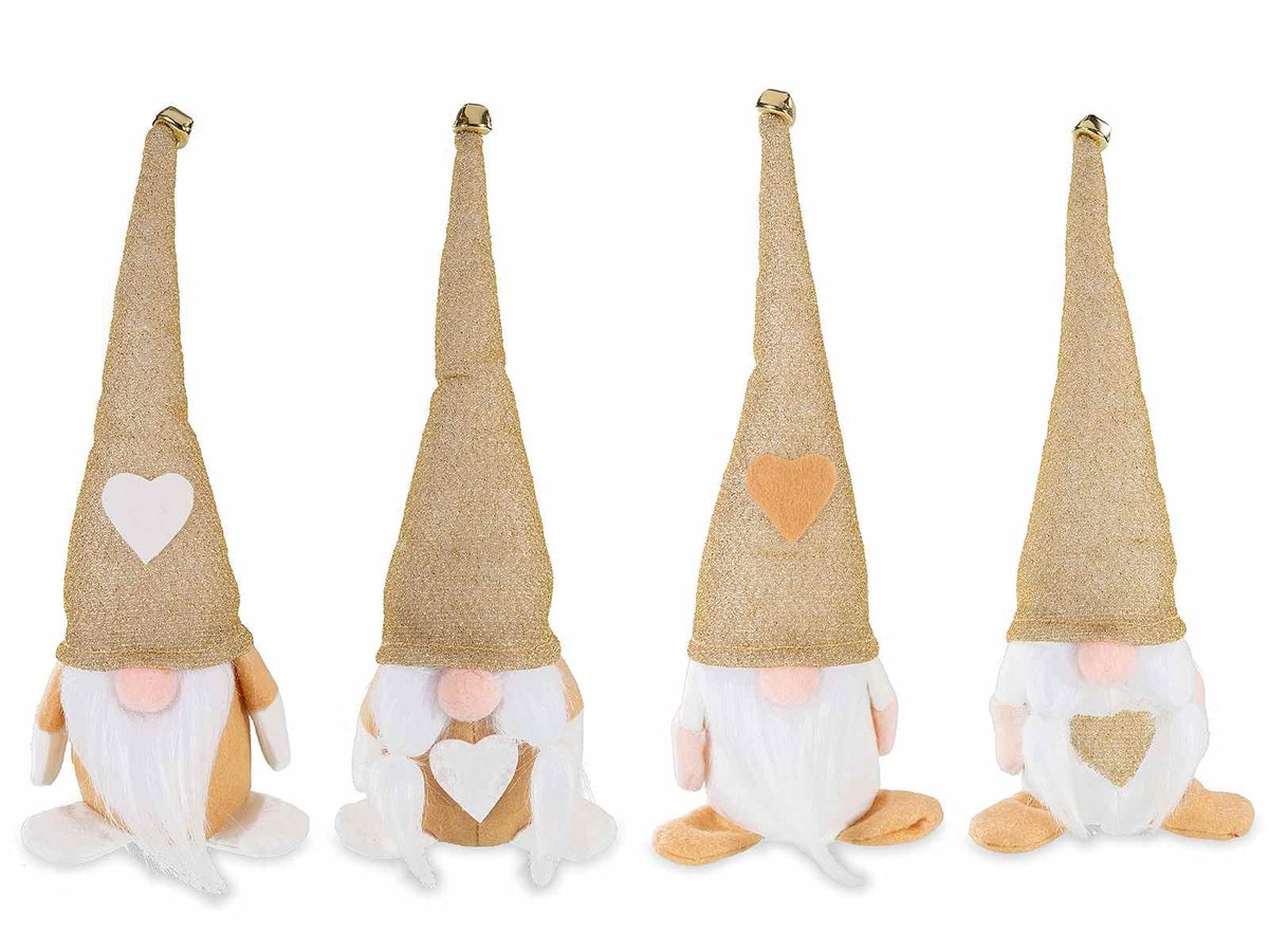 Gnometti Babbo e Mamma Natale in panno con cuore e campanella su cappello, set da 8 pezzi, cm 9x6x25 H (capp.esteso)