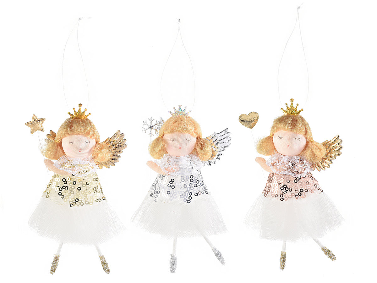 Angeli con abito in tulle e paillettes, bacchetta decorativa e coroncina, set da 6 pezzi, cm 6 x 14 H