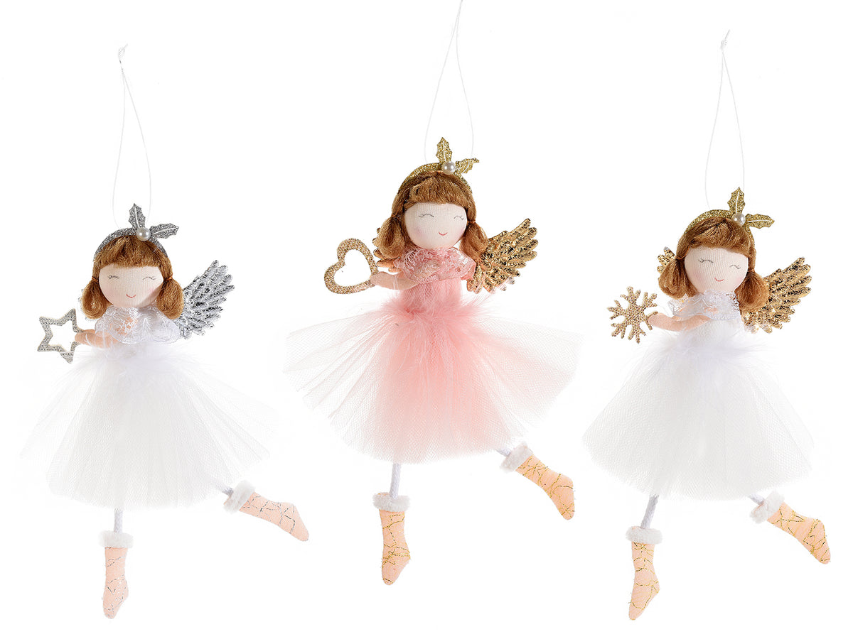 Decorazioni natalizie angeli ballerine con abiti in tulle e piumette, ali, set da 9 pezzi, cm 8,5 x 19 H