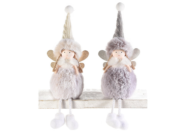 Set di 6 angeli gambelunghe abito in morbida eco-fur con cappello e ali glitterate da appoggiare, cm8,5x5 x17H (capp.esteso)