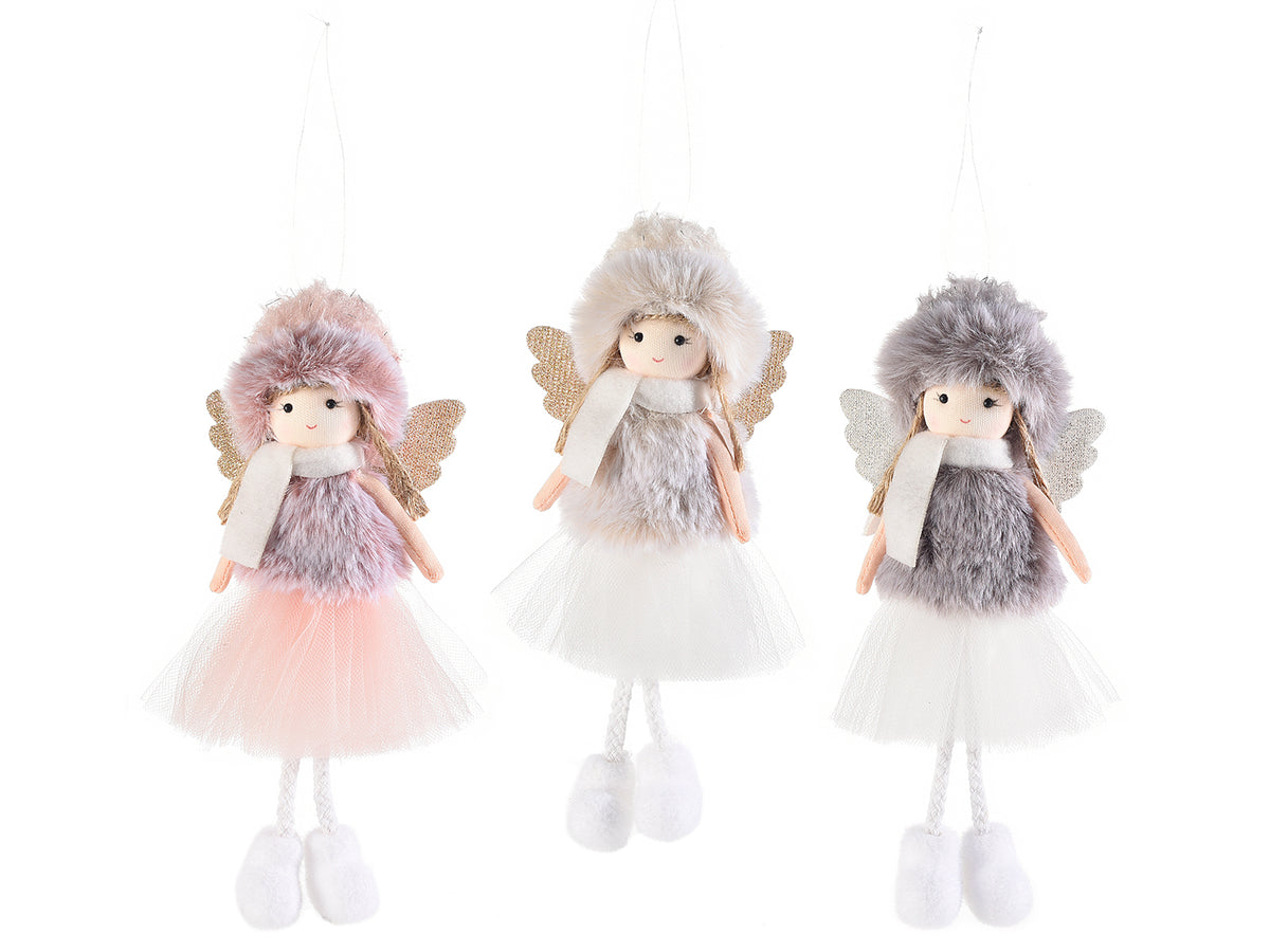 Angeli gambelunghe abito in tulle e eco-fur da appendere, set da 6 pezzi, cm 8,5 x 20 H