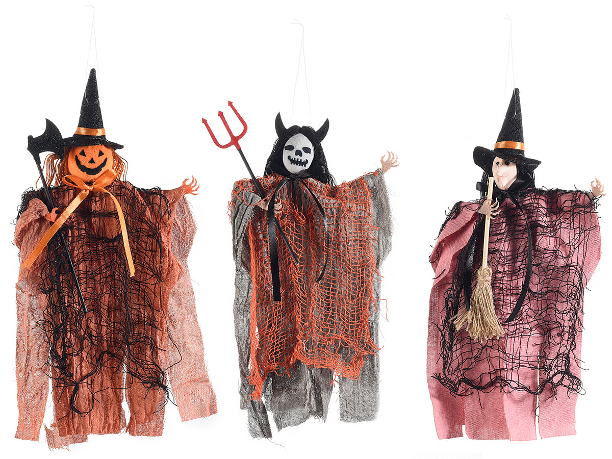 Decorazioni di Halloween a personaggio con mantello in stoffa da appendere, set da 9 pezzi, cm 15 x 32 H