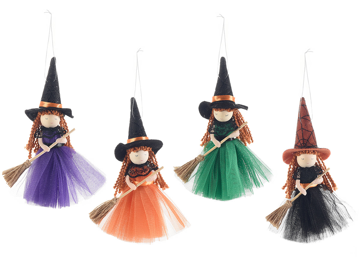 Streghe / befane con abito in tulle colorato e scopetta da appendere, set da 8 pezzi, cm 6 x 17,5 H