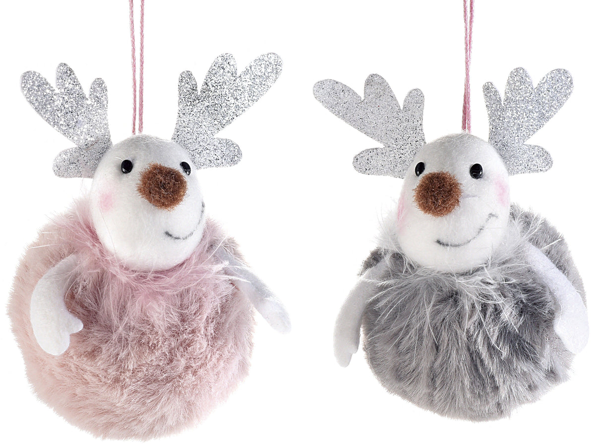 Pallina albero di Natale a renna in eco-fur con corna glitterate argento, set da 12 pezzi, Ø 5 cm x 10 H