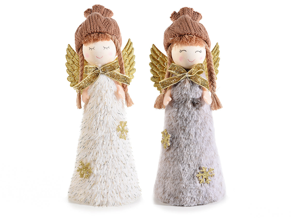 Angeli con ali dorate glitterate, abito in morbida eco-fur con decori fiocco, set da 4 pezzi, cm 10 x 8 x 21 H