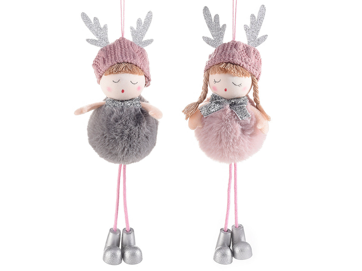 Addobbi albero di Natale a bamboline gambelunghe pom pon in eco-fur, set da 6 pezzi, Ø 5 cm x 22 H