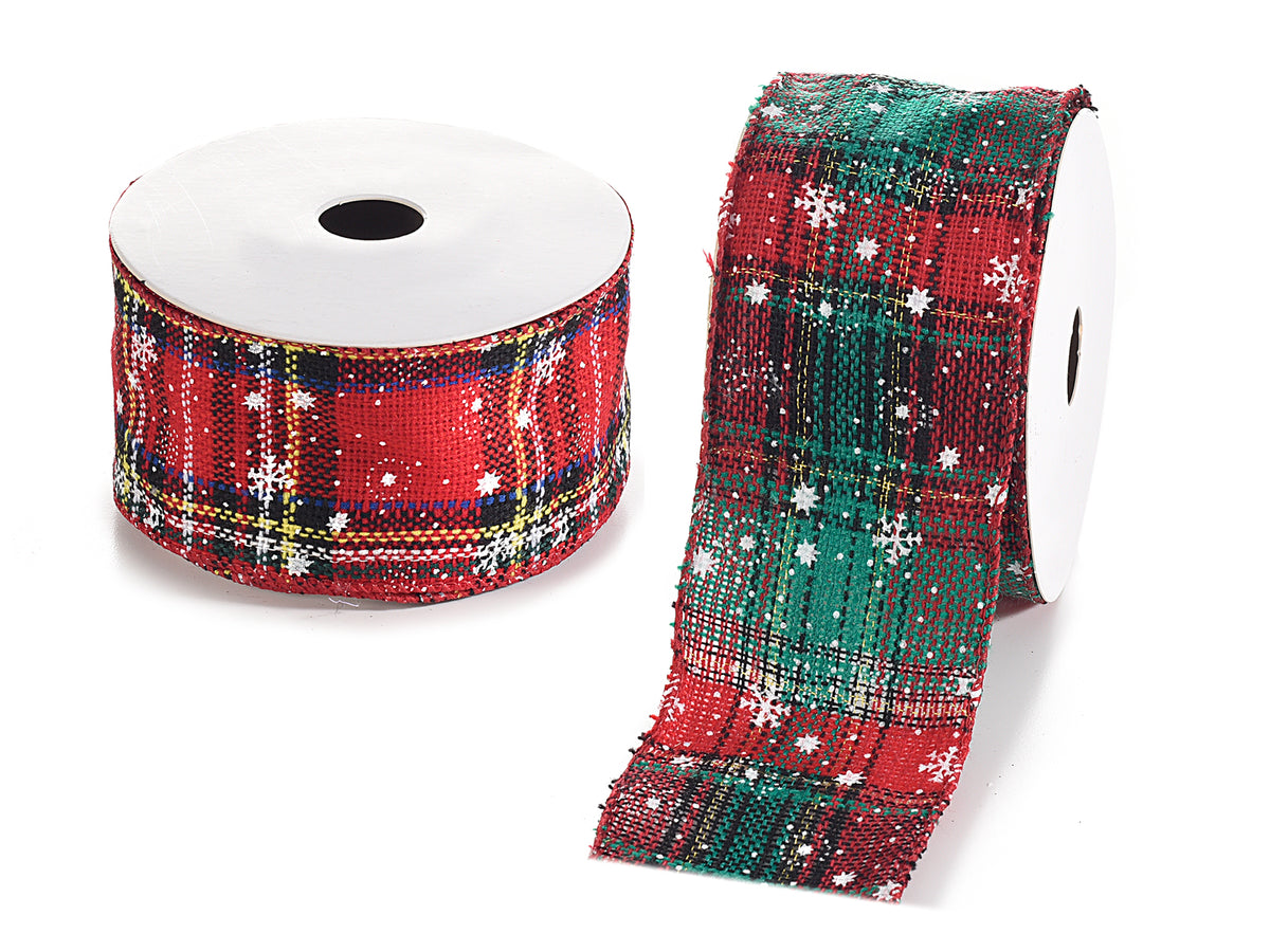 Nastri di Natale in tessuto modellabile con stampa scozzese, set da 2 pezzi, mm 63 x 10 m