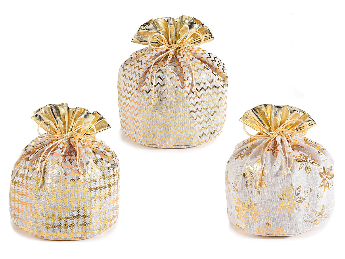 Sacchetti portapanettone in stoffa dorata con bordo oro metallizzato e stampa, set da 6 pezzi, Ø22,5cmx30H(al tirante22H)