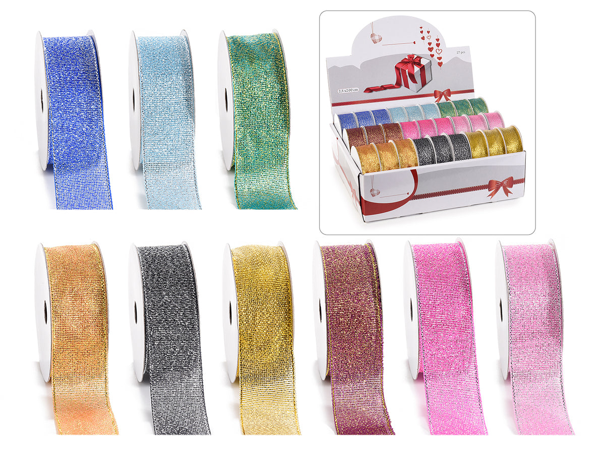Nastri colorati ad effetto lamè 25 in espositore da 27 pezzi, mm 25 x 2 m