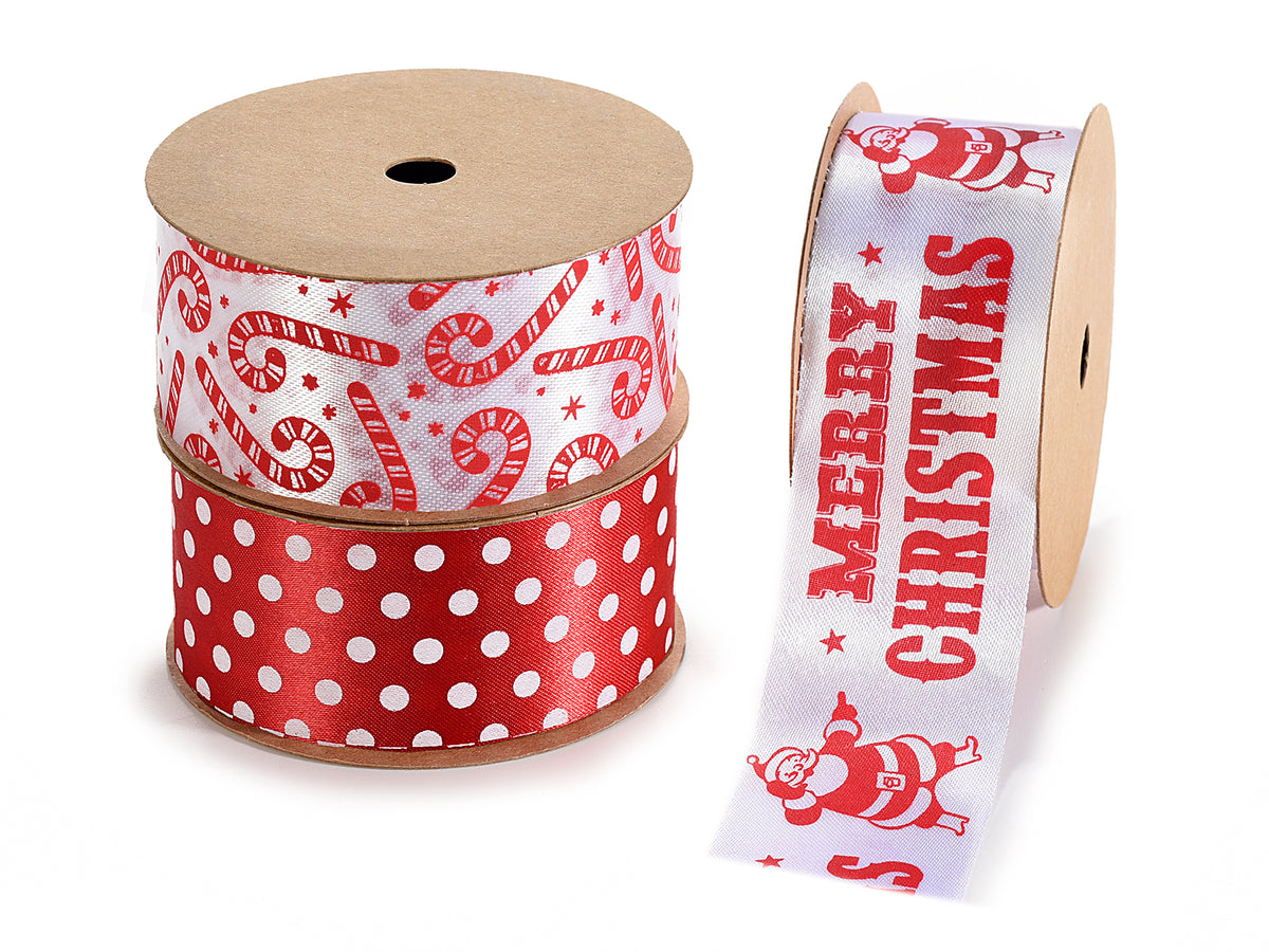 Nastri con decori rossa natalizi e scritta Merry Christmas in poliestere bianco, set da 12 pezzi, mm 40 x 3 m