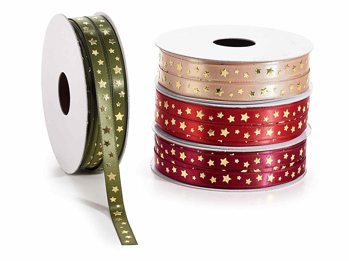 Nastri di Natale in raso con stelline dorate in rilievo, set da 4 pezzi, mm 10 x 20 m