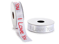 Rotoli di nastri in raso bianco con scritta I love you glitterata rossa, set da 4 pezzi, mm 25 x 10 mt