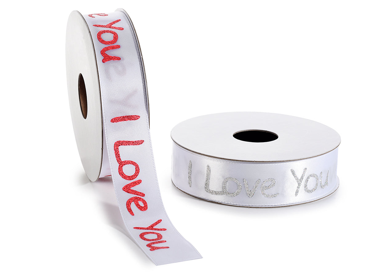 Rotoli di nastri in raso bianco con scritta I love you glitterata rossa, set da 4 pezzi, mm 25 x 10 mt