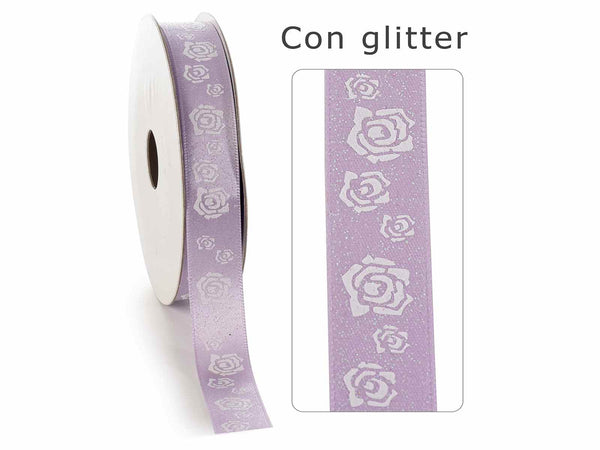 Nastri in raso lilla con rose glitterate, set da 4 pezzi, 16mm x 10m