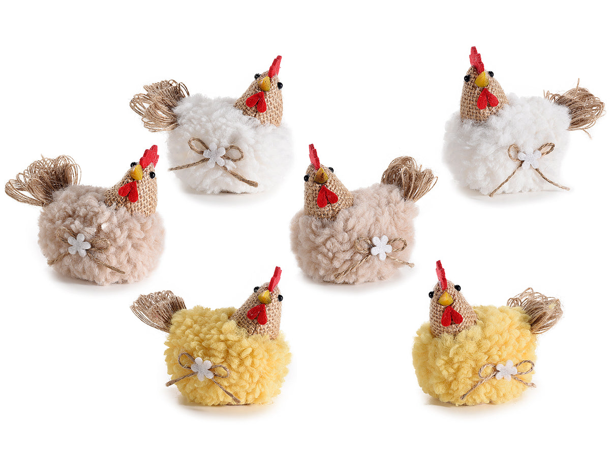 Gallinelle pasquali in morbido pelo artificiale da appoggiare con fiocchetto, set da 6 pezzi, cm 9 x 6 x 8 H