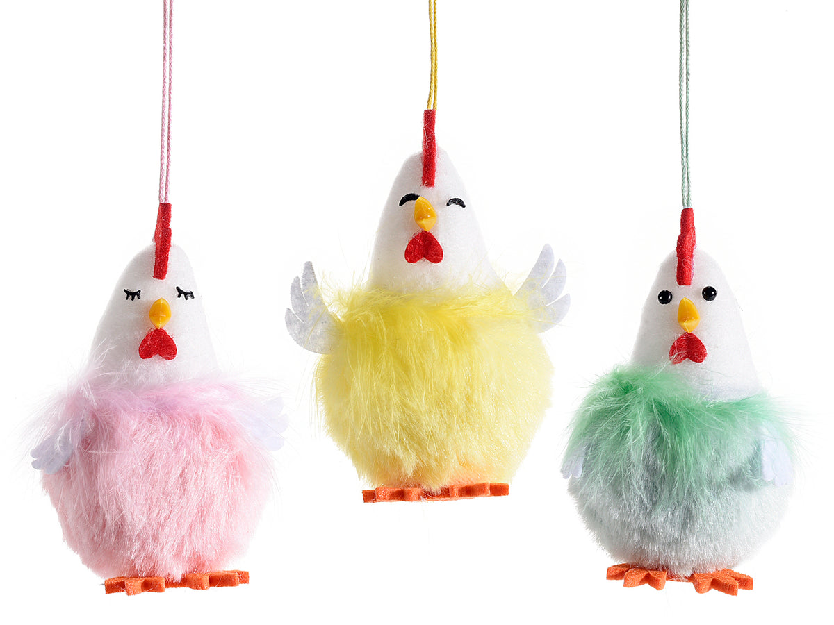 Gallinelle pasquali in morbido eco pelliccia da appendere, set da 12 pezzi, cm 8 x 4,5 x 10 H