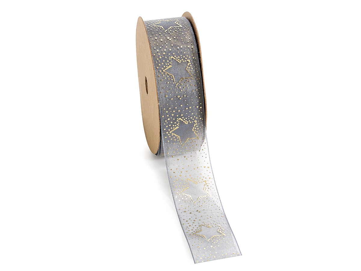 Nastri di Natale in organza colorata con stampa dorata a stelline, set da 5 pezzi, mm 25 x 10 m
