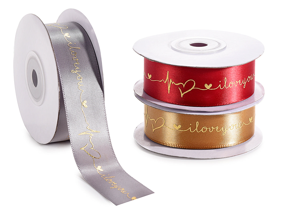 Rotoli di nastri in raso rossi, oro e argento con stampa dorata I love you, set da 3 pezzi, mm 25 x 10 mt