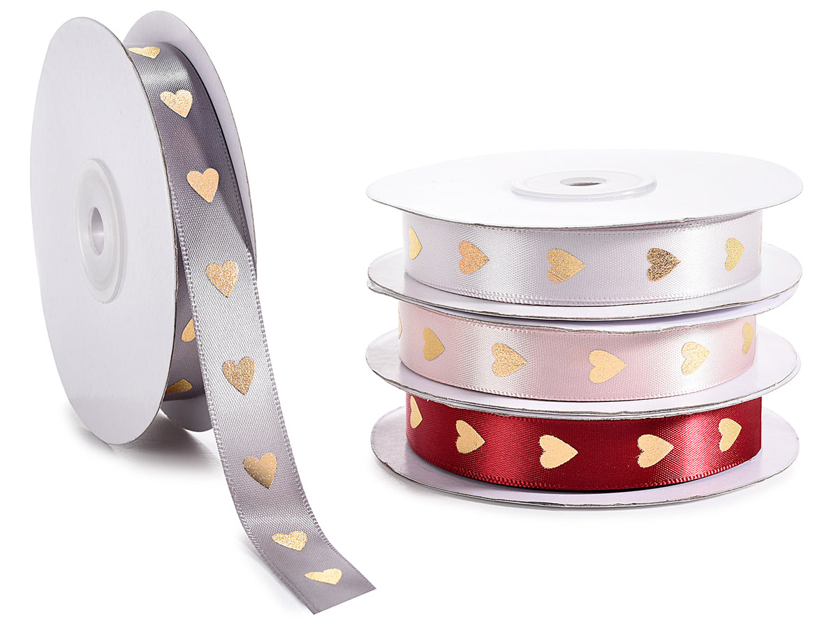 Rotoli di nastri in raso rossi, argento, bianchi e rosa, con cuori dorati, set da 4 pezzi, mm 15 x 20 mt